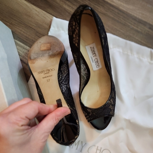 Jimmy Choo Black Luna Peep Toe Lace Pumps, Size 37 /US 7 Authentic - Picture 8 of 13
